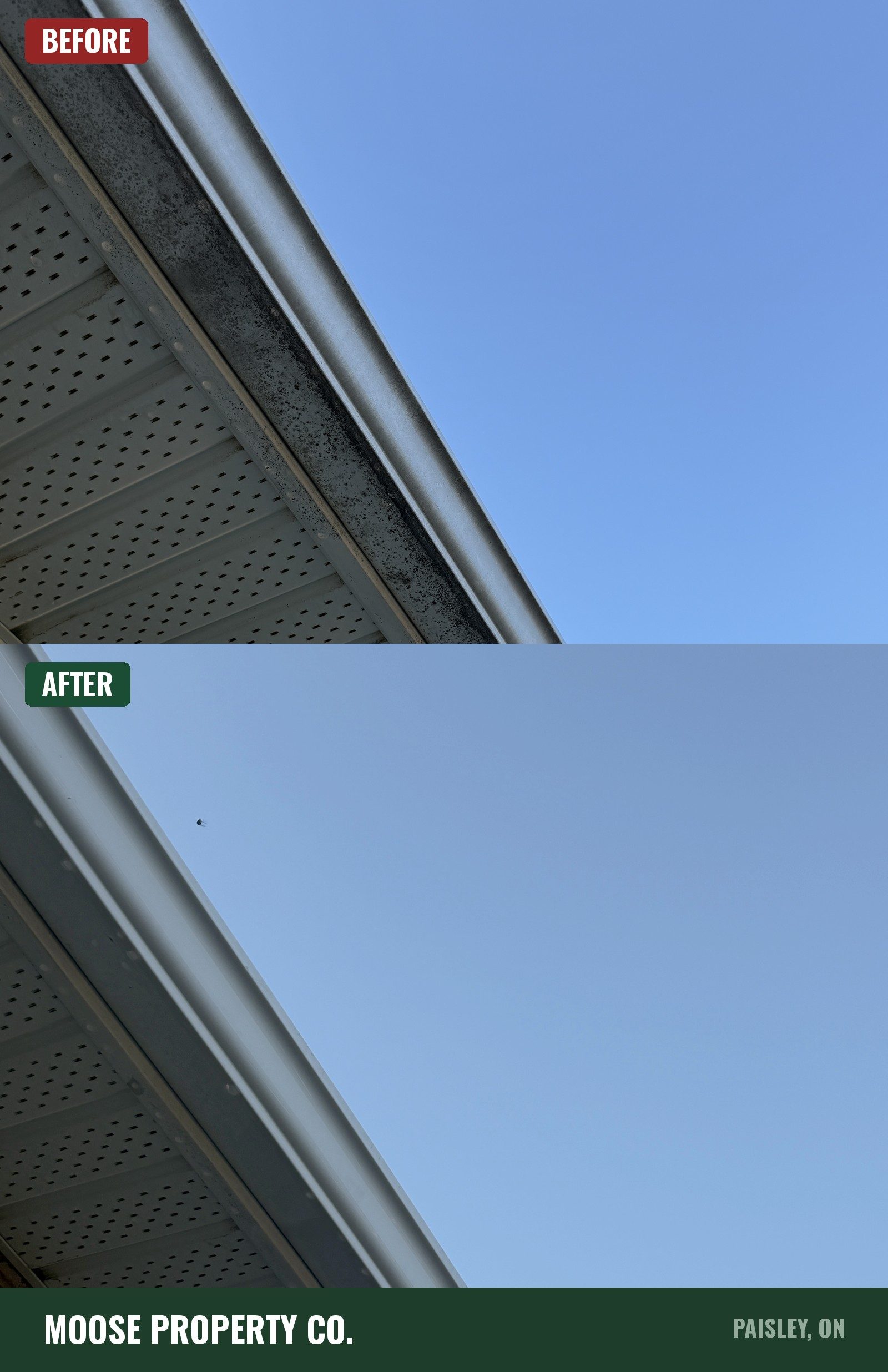 Before and after gutter cleaning in Paisley, ON. Top frame: a white aluminium eavestrough and vented soffit streaked with black grime. Bottom frame: the same run washed clean against a blue sky.